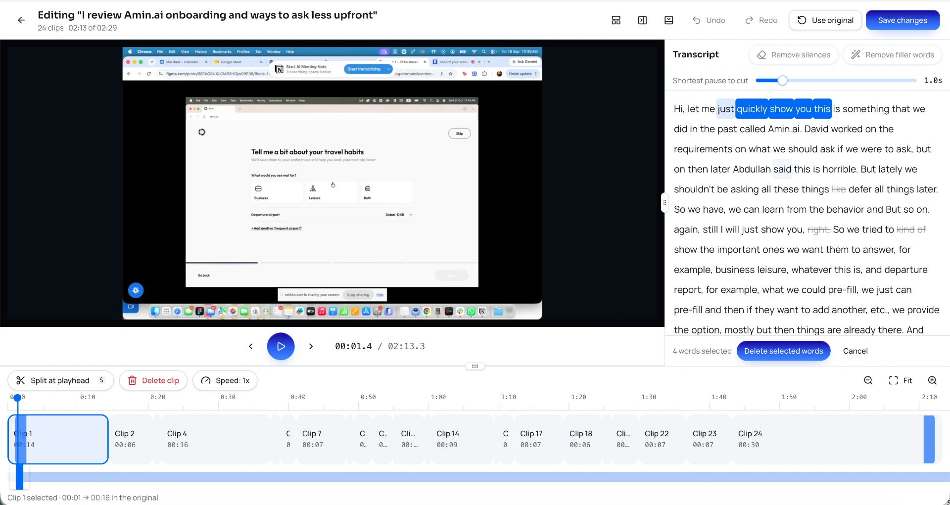 Rekkko transcript-based editor with clips and timeline
