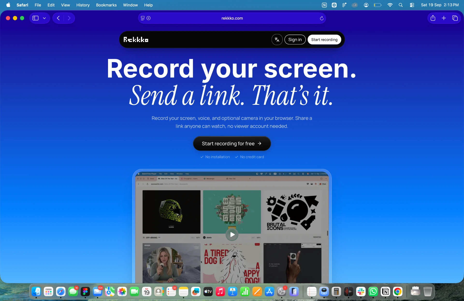 Rekkko homepage showing its browser screen recording experience