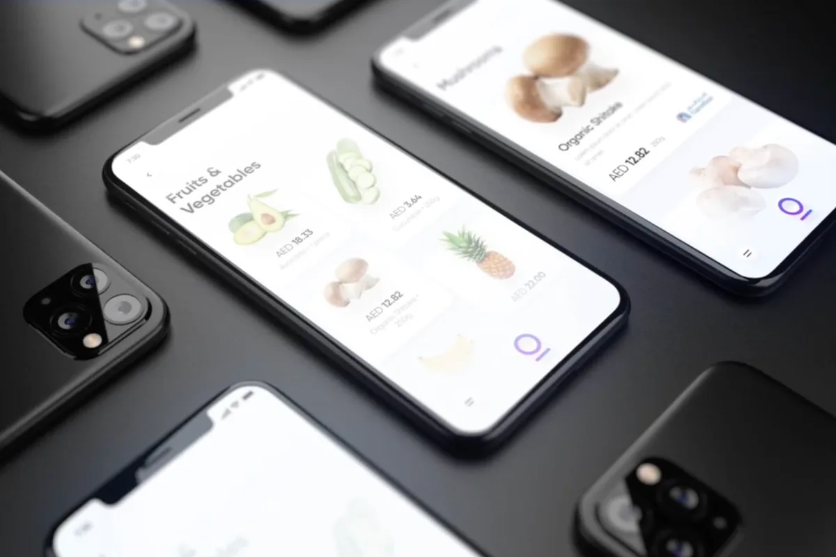 Close view of grocery app product cards and typography